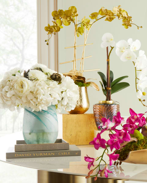Blue Hydrangea Mixed Arrangement|Curling Orchids Faux-Floral Arrangement Centerpiece|Mossy Wall Art|Gold Orchid Arrangement|White Hydrangea Vase|Dragonfly Gold Marble Tray