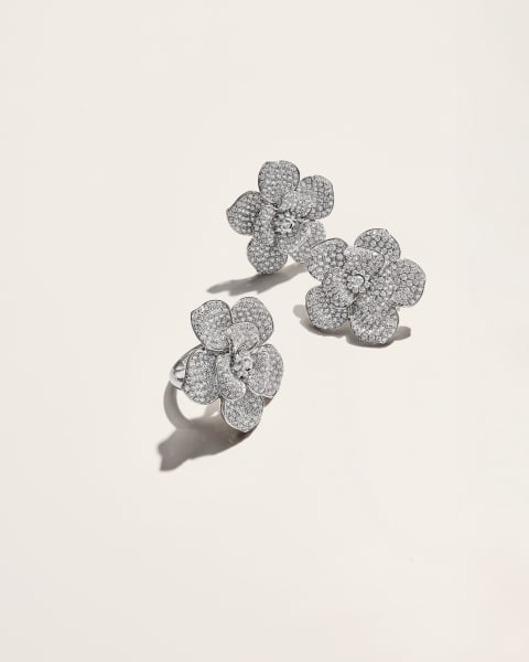 L18k White Gold Pave Diamond Flora Earrings| 18k White Gold Pave Diamond Flora Ring