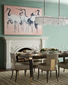 Othello 8lt Linear Chandelier| Chair| Table| Rug| 20 Piece Arrezzo Flatware Brushed Gold| Peony Garden| Arches Napkin| Confetti Placemat, Gold| Papillon Napkin Ring| Wild Bound Wall Art| Signature Series Warm-Region 4-Piece Wine Glass Set| 16-Piece Vienna Dinnerware Set