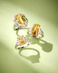 Platinum 18k Yellow Gold 9.92 Sugarloaf Yellow Sapphire With .66 Ctw Diamonds Ring| Platinum 18 K Yellow Gold 9.01 Ct Yellow Sapphire With 1.64 Diamond Ctw Ring| Platinum 18k Yellow Gold 3.06 Fancy Yellow Radiant Diamond With .65 Ctw Diamonds Ring