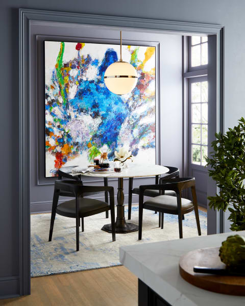 "Polychromatic" Painting by Chen Qi|Truax 2-Light Pendant|Sweet Magnolia Crystal Arrangement|White Pierre Marble-Top Dining Table|Charcoal Ceruse Kendra Dining Chair|Blue/Gray 8' x 10' Foggy Night Rug
