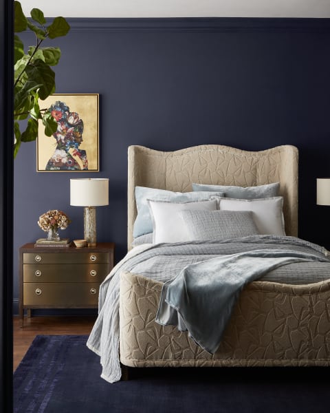Clarendon 3-Drawer Nightstand| Glass Table Lamp| Floral Reflection I    Wall Art| Baia Queen Bed| Ellington Border Rug 9 X 12| Devon Cobalt
