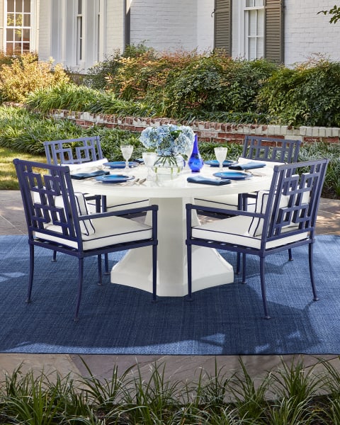 Adrianna Indoor/Outdoor Rug 10 X 14   Blue| Adrianna Indoor/Outdoor Rug 10 X 14   Blue| Mario Luca Guisti - St Tropez Dinner Plate| Hampton Outdoor Dining Chair| Pedestal Round Table White| 20 Pc Harrington Flatware|  Dolce Vita Goblet|