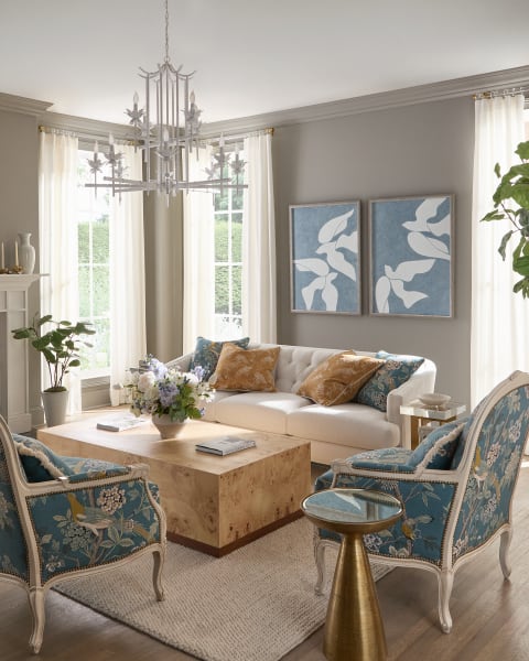 Rococo Pillow  Gold| Marlow Mod Pedestal Side Table| Auberon Burl Coffee Table| Polished Brass And Crystal Martini Table| Cove Bergere Chair| Russo Sofa 88"| Bamboo 2-Tier Chandelier| Carisbrooke Cream Hand-Woven Rug 8x10| Bird Flight I| Bird Flight Ii