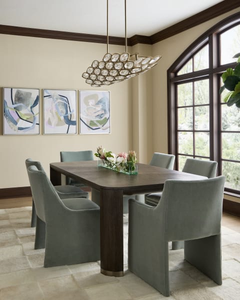 Patchwork Shearling Rug 9x12|  Modern Mood Dining Table| Petaline Six Light Horizontal Chandelier| Tropical Paradise| Topaz Garden (Set Of 3)| Everly Dining Arm Chair  Mineral| Everly Dining Side Chair   Mineral