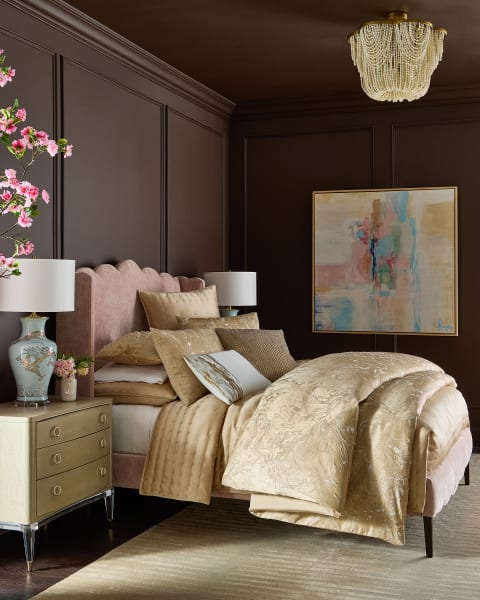 Floating On Air Nighstand| Draped Wood Bead Flushmount| Bedroom #1 – Uptown Glamour- Liquid Marble Gold| Annabelle Queen Bed| Towers Of Glass Wall Art| Dueling Dragons Table Lamp| Nesting Garden Set Of 2| Ayumi Stripe Hand Knotted Rug 10x14