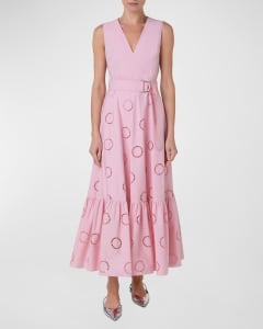 Akris punto Bird Superpose Embroidered Flared Midi Dress with D-Ring Belt