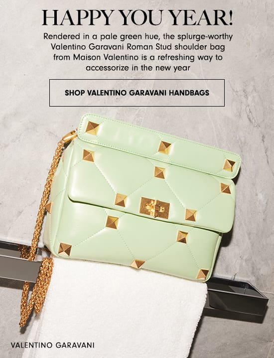 HAPPY YOU YEAR! Rendered in a pale green hue, the splurge-worthy Valentino Garavani Roman Stud shoulder bag from Maison Valentino is a refreshing way to accessorize in the new year SHOP VALENTINO GARAVANI HANDBAGS VALENTINO GARAVANI 