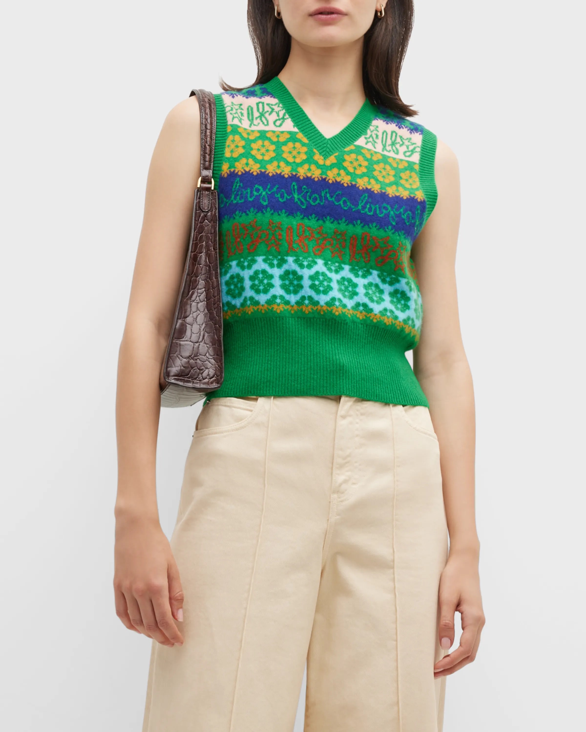 On-model image of a Lingua Franca multi-colored cashmere sweater vest