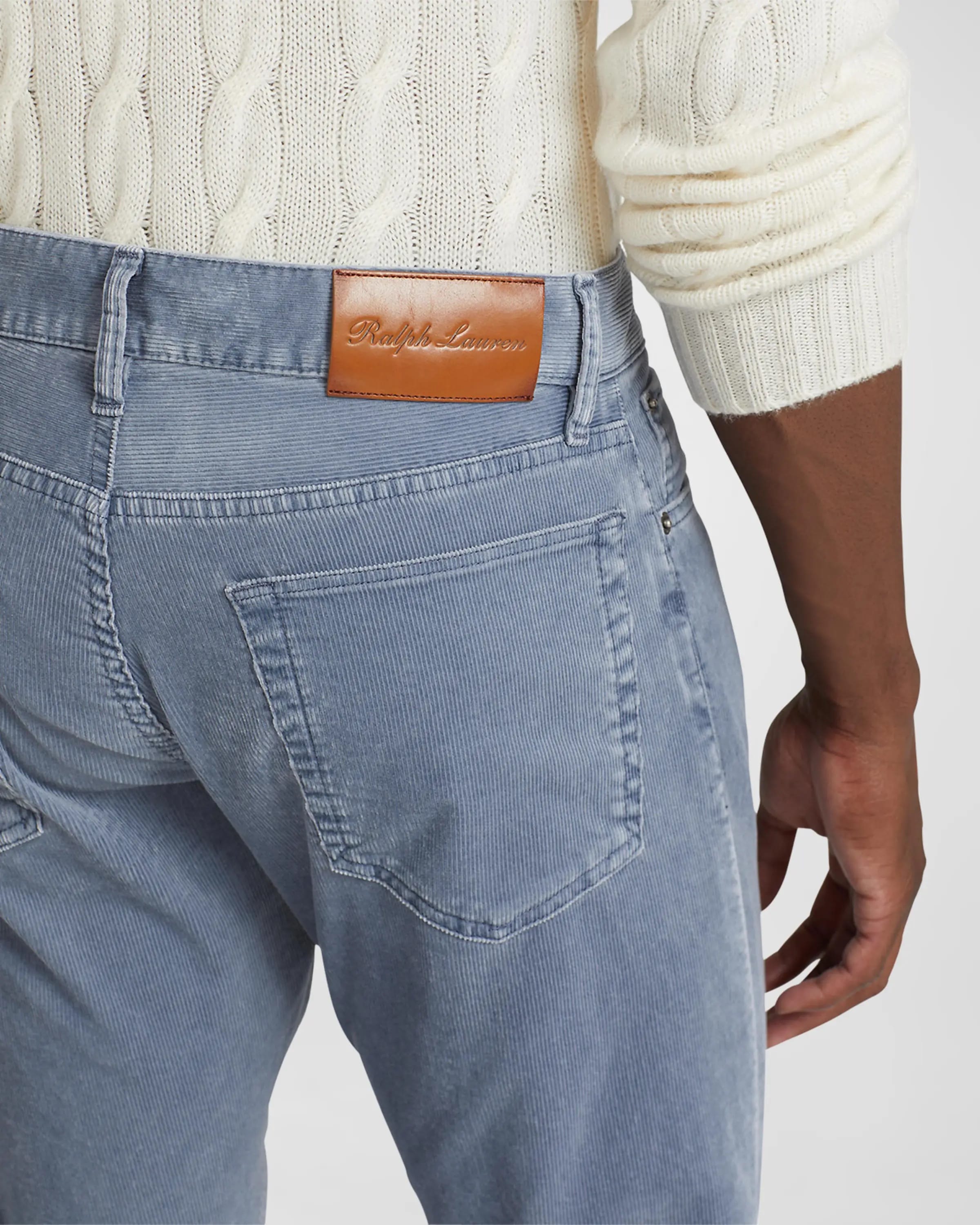 On-model image of Ralph Lauren blue/gray corduroy pants