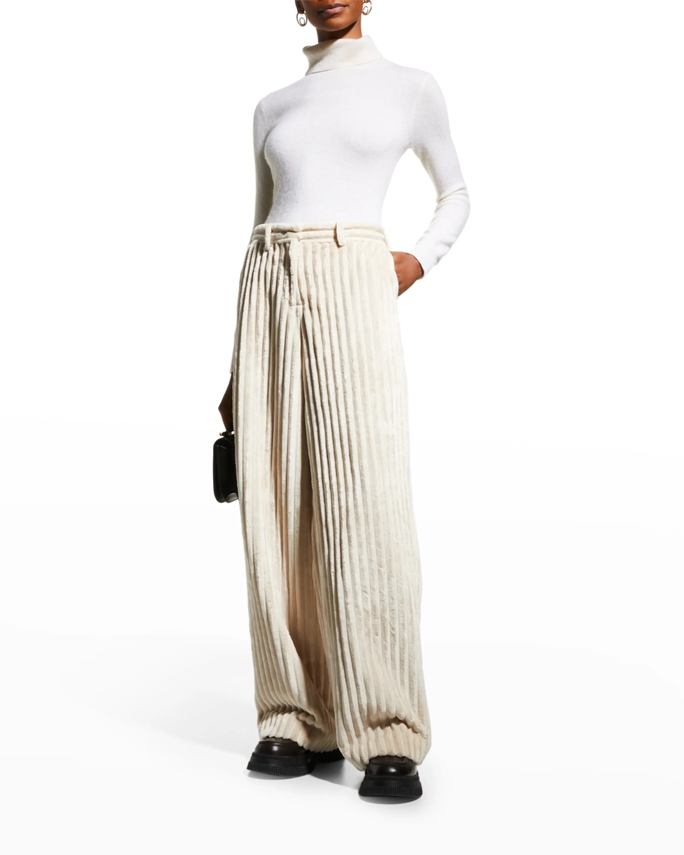 On-model image of RECTO cream corduroy pants