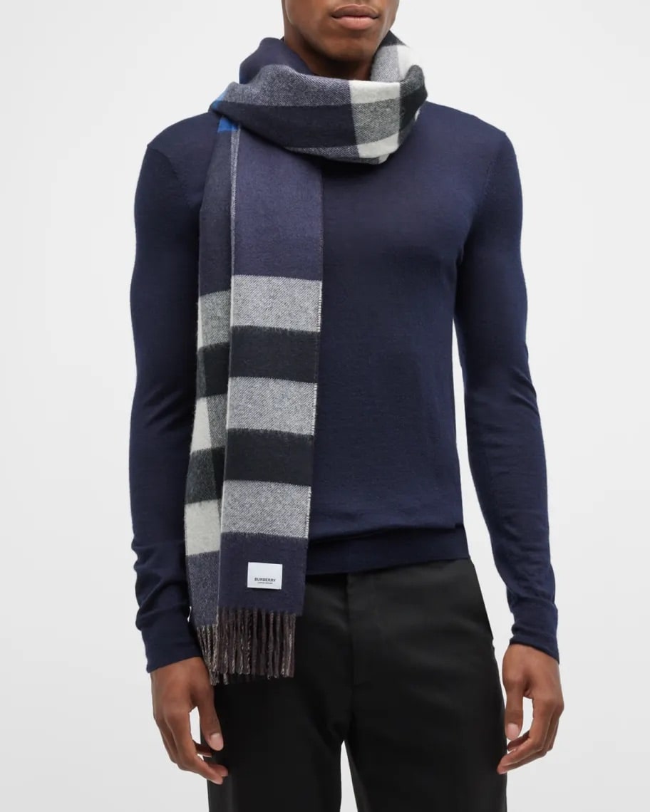 On-model image of a Burberry cashmere check scarf