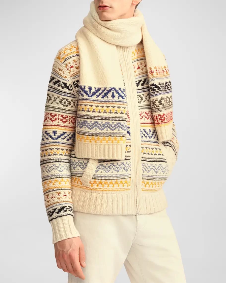 On-model image of a Loro Piana multi-colored cashmere knit scarf
