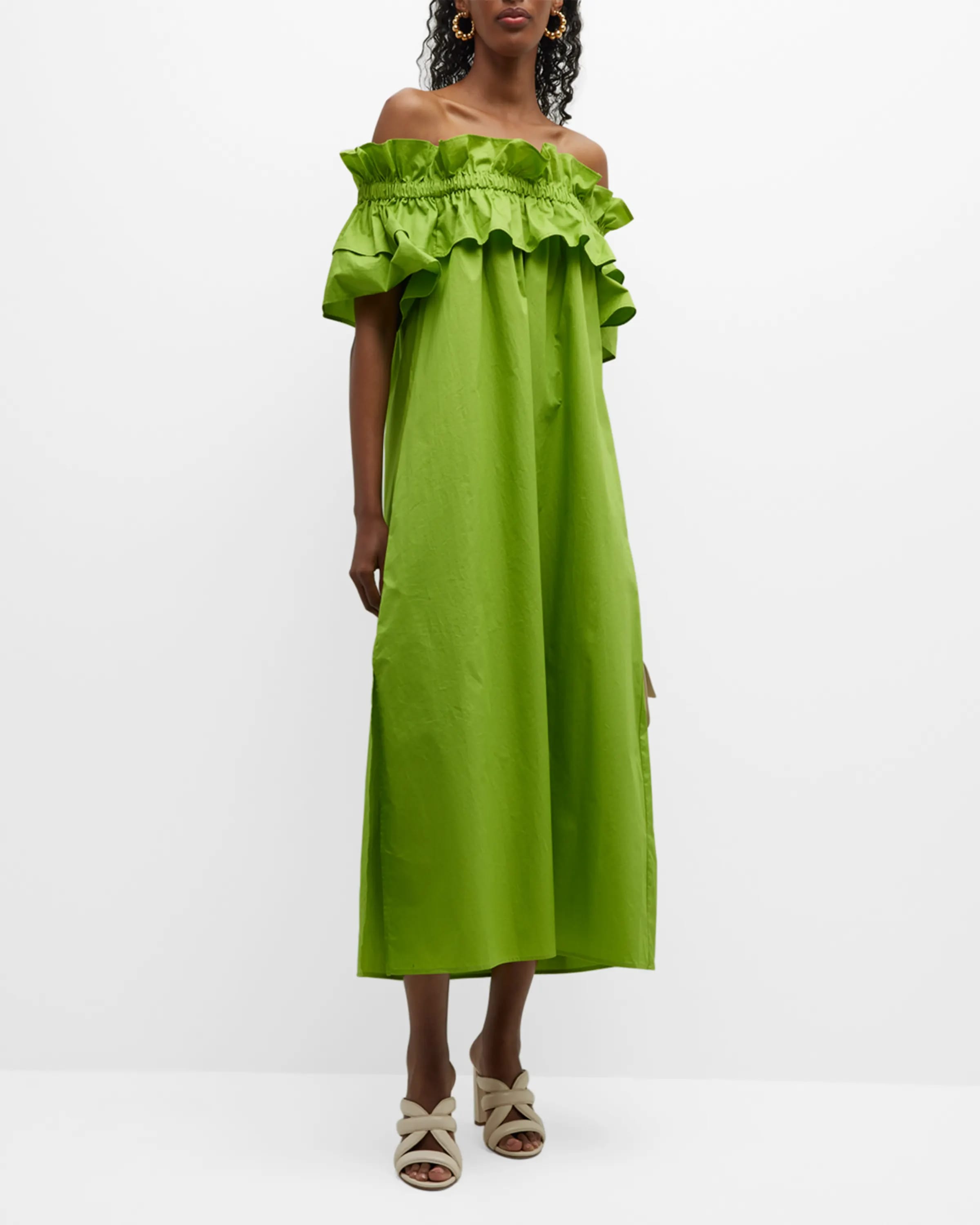 On-model image of a MeimeiJ kiwi cotton dress