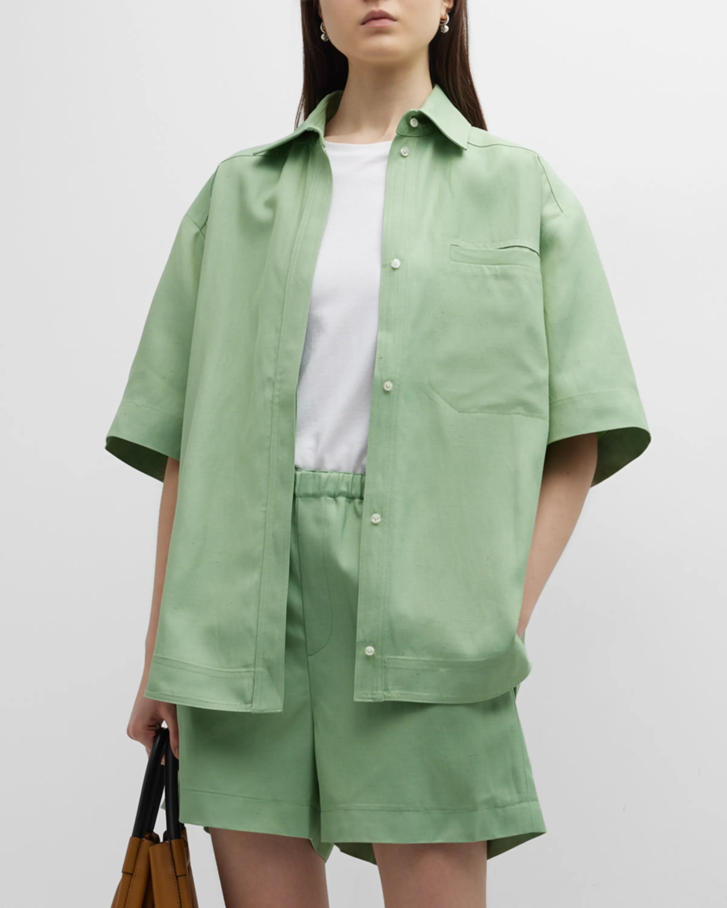 On-model image of a Loulou green viscose/linen shirt