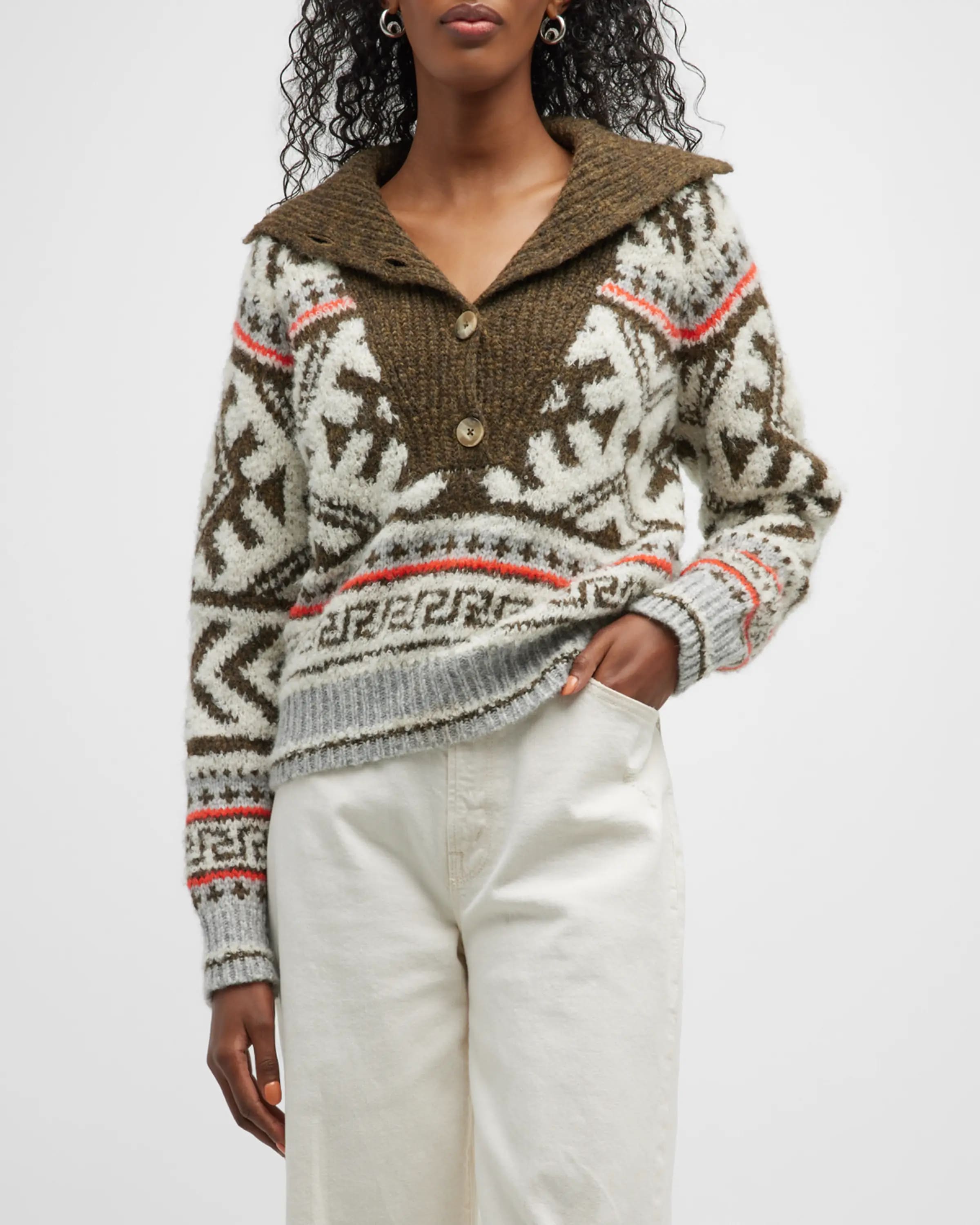 On-model image of a MOTHER western-print alpaca, polyamide, and wool sweater