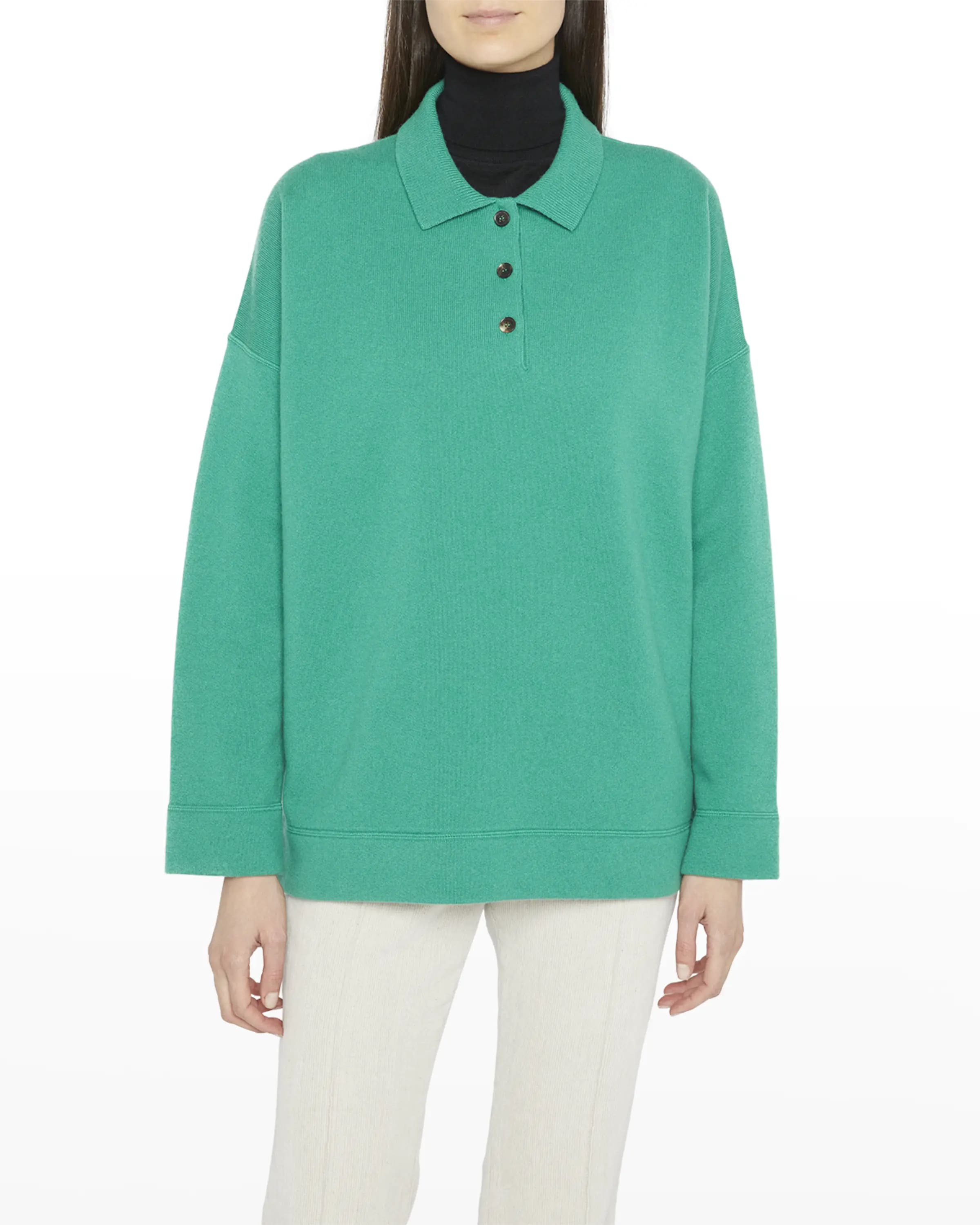 On-model image of a The Row green cashmere polo sweater