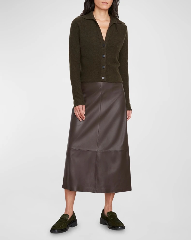 On-model image of a Vince black leaf cashmere cardigan