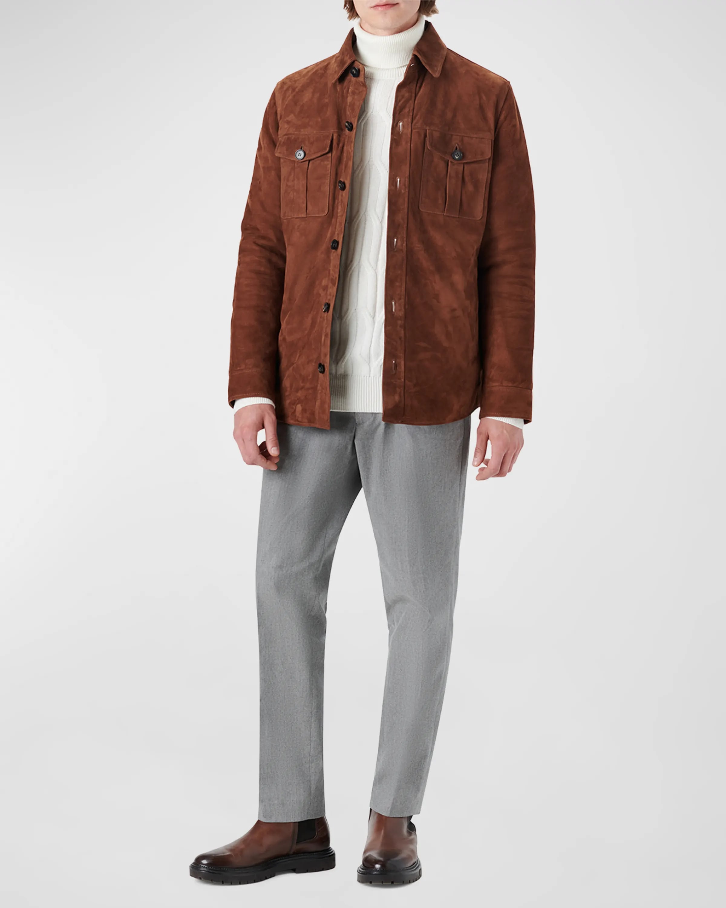 On-model image of a BUGATCHI brown suede jacket
