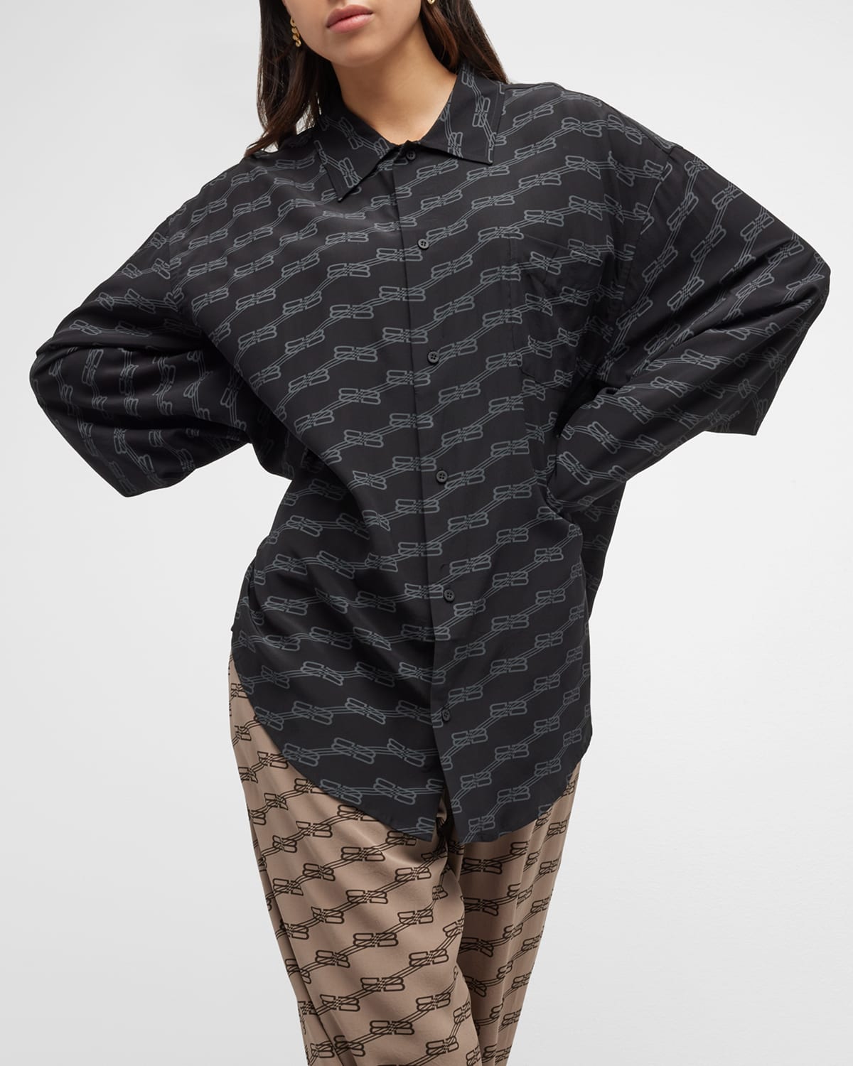 Bb Logo Long-Sleeve Minimal Collared Silk Shirt