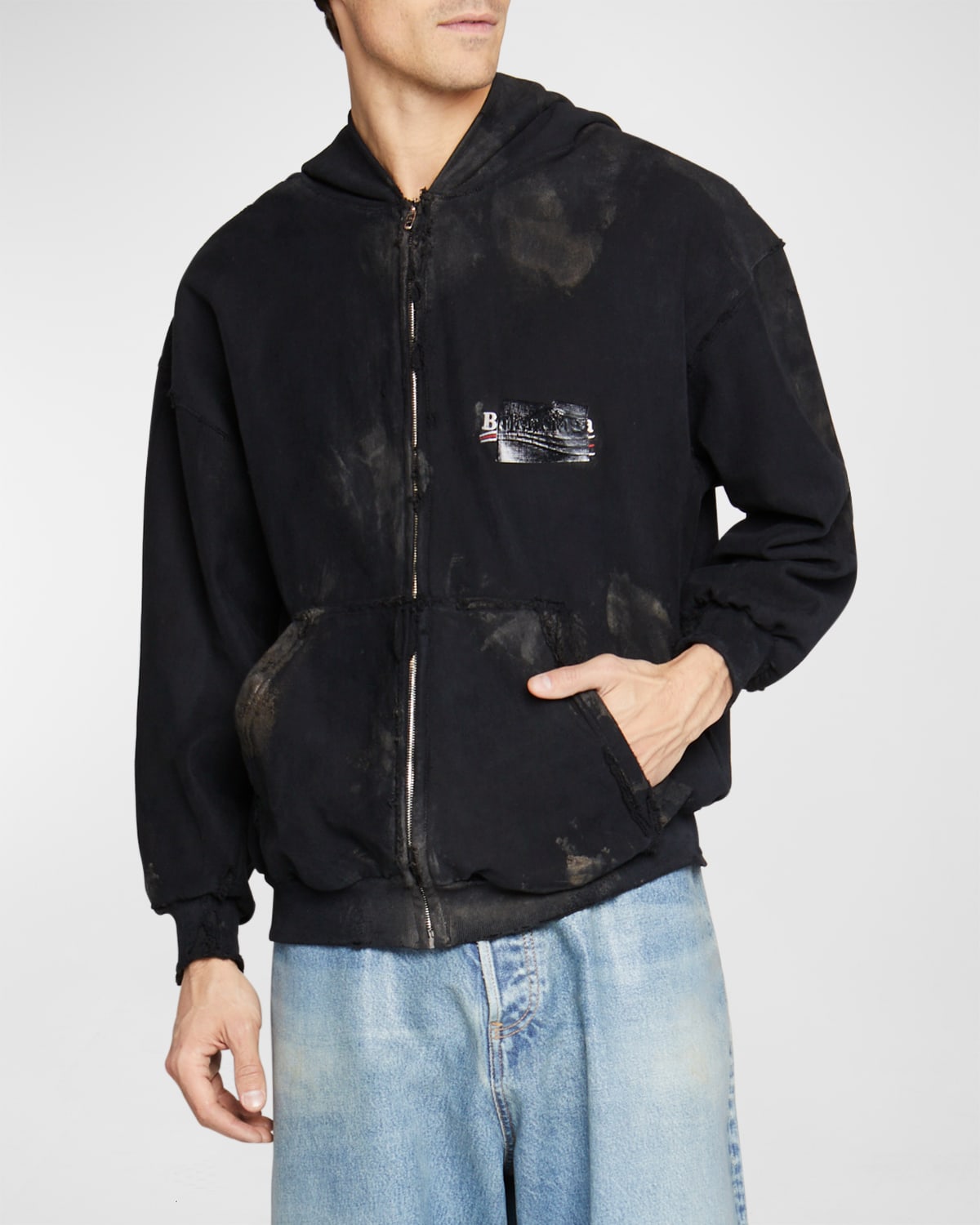 Men's Distressed Zip-Up Logo Hoodie