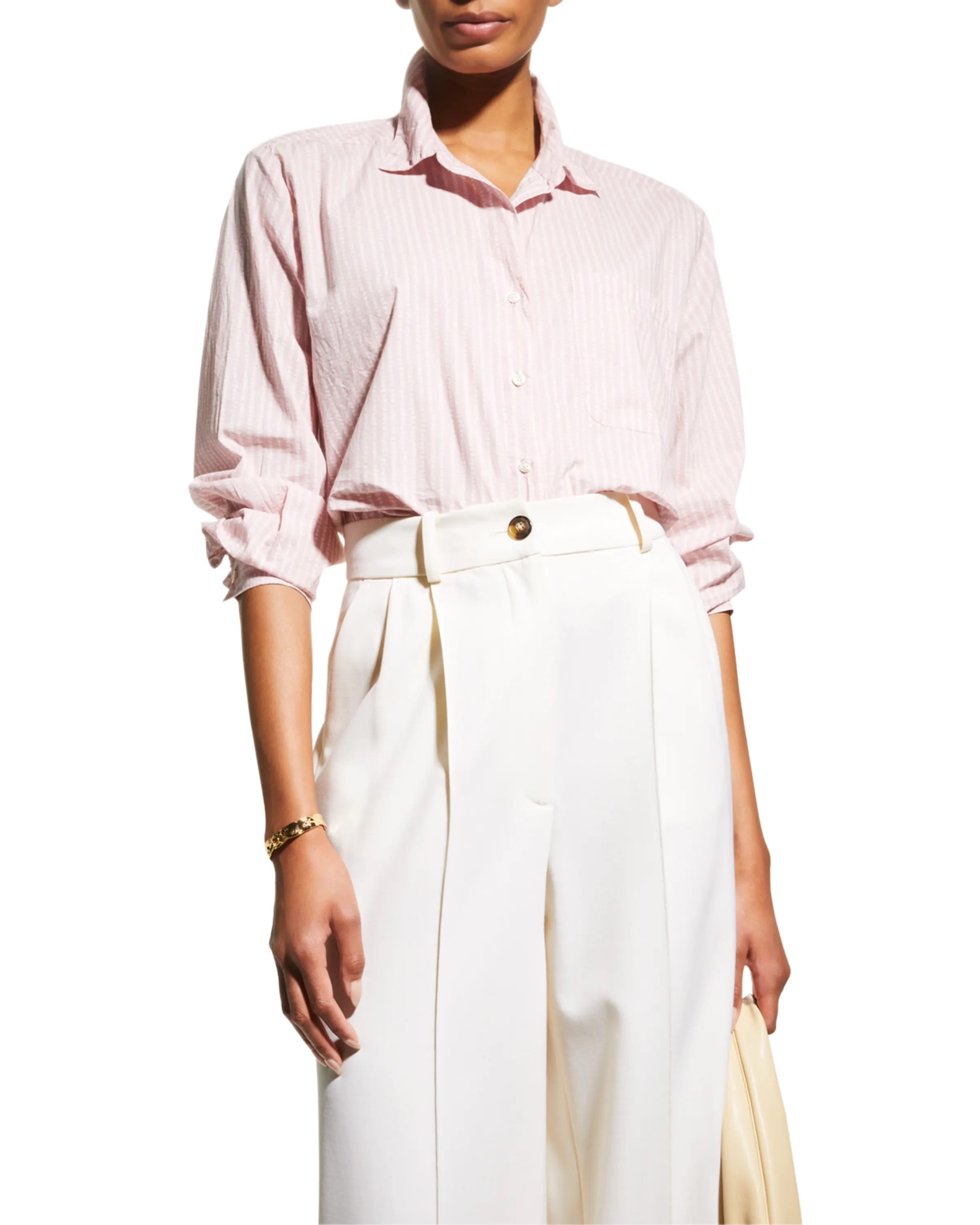On-model image of a Masai dawn pink cotton shirt
