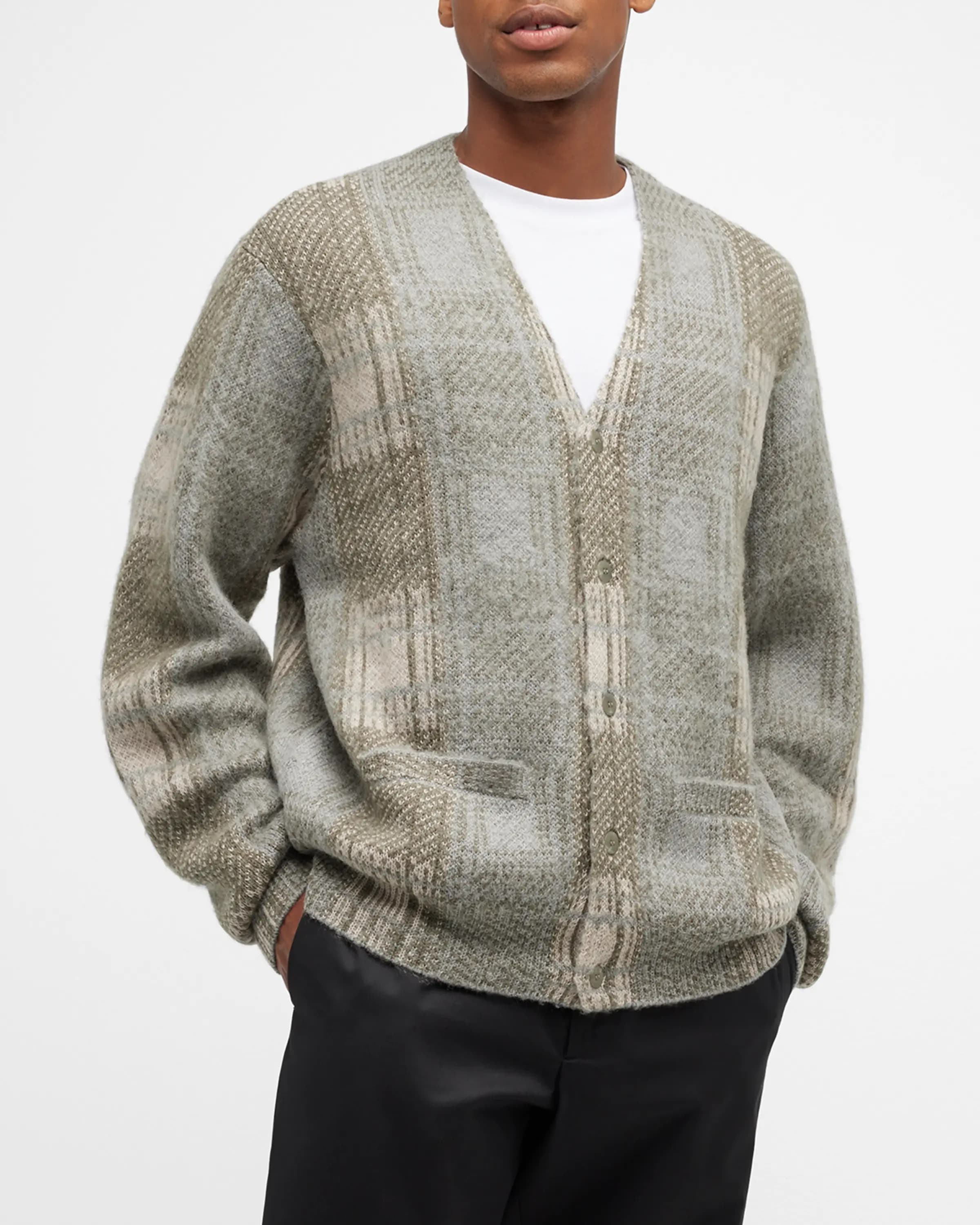 on-model image of a Stampd plaid acrylic cardigan