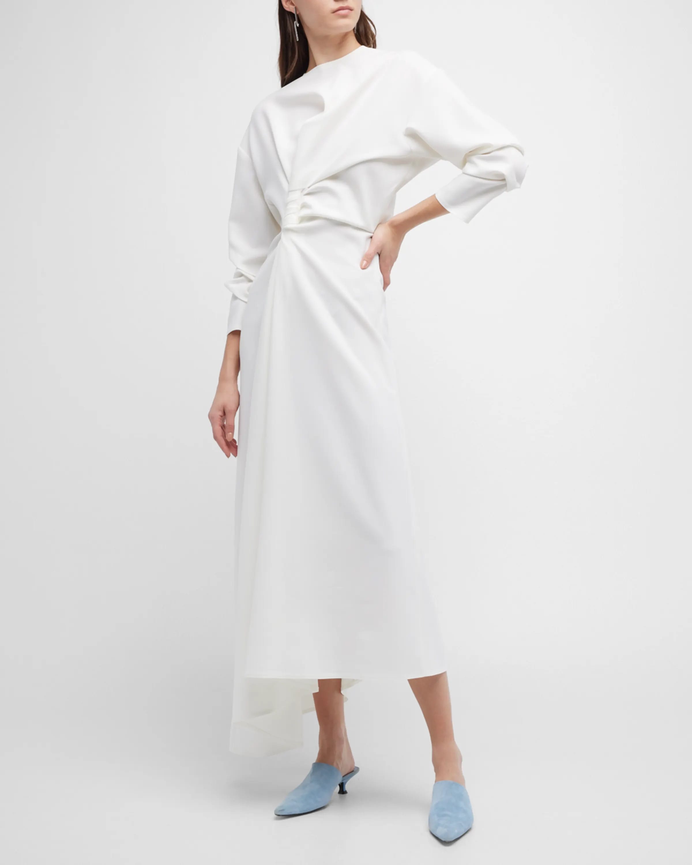 On-model image of an A.W.A.K.E. MODE white polyester dress