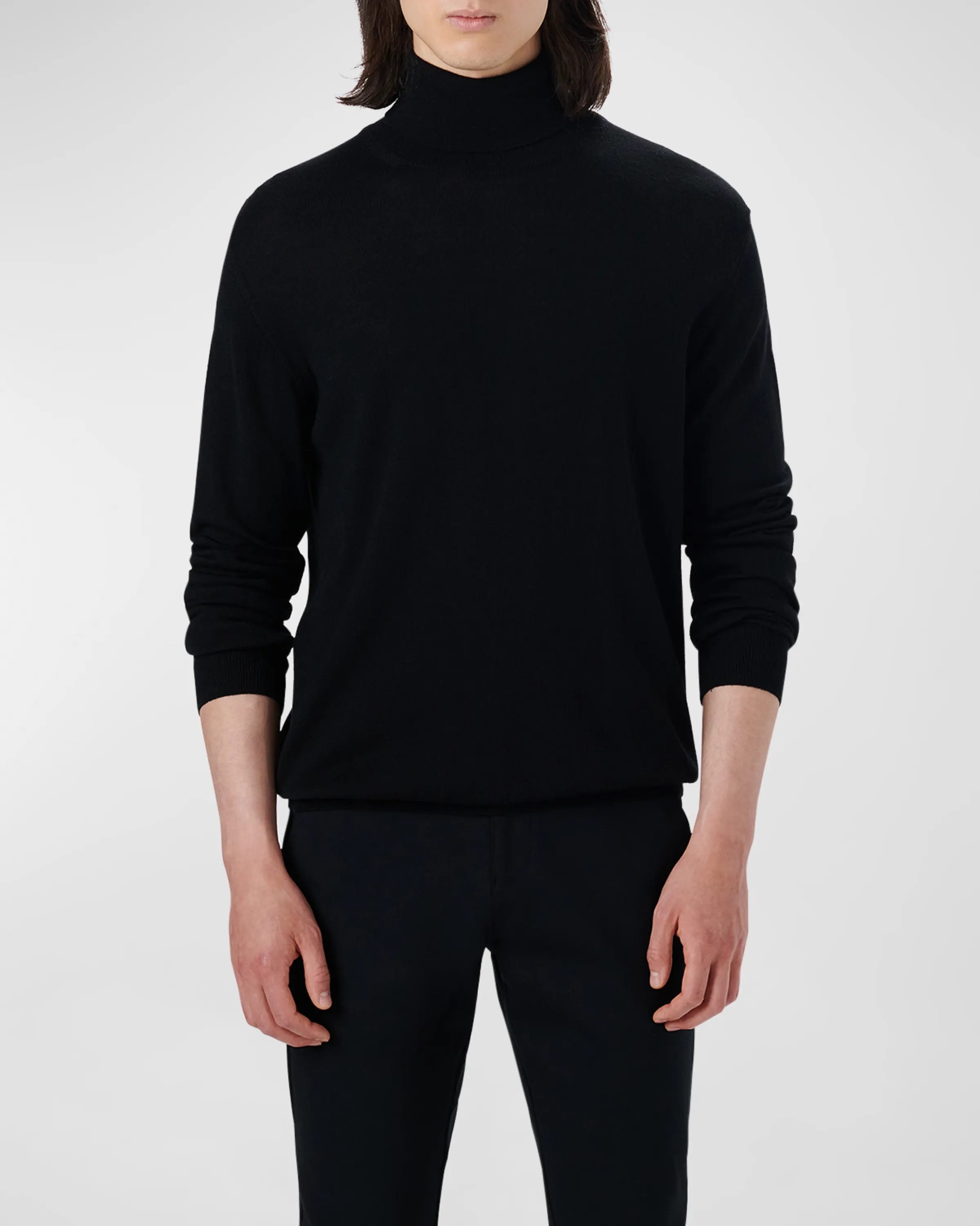 On-model image of a Bugatchi black merino wool turtleneck