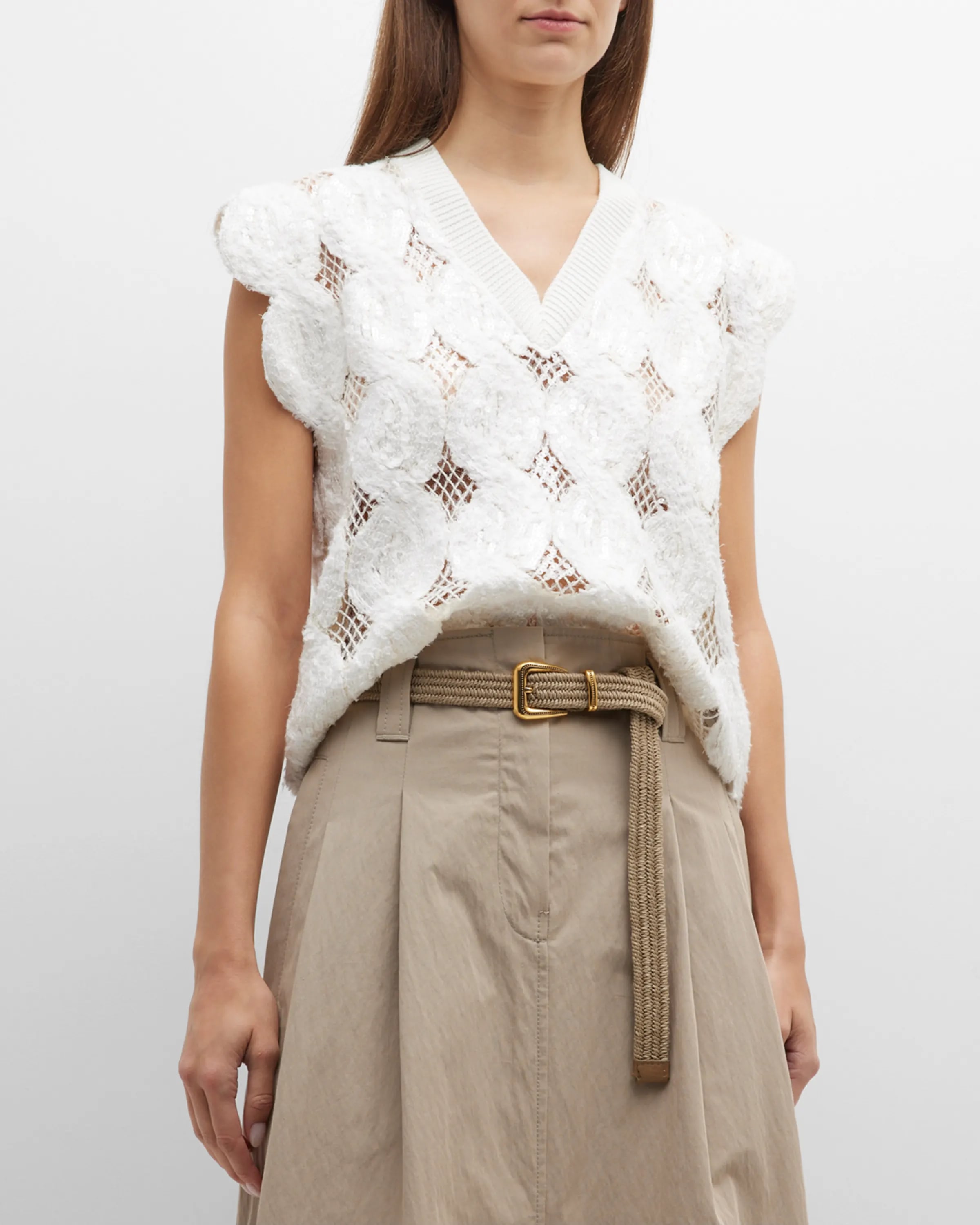 On-model image of a Brunello Cucinelli cream linen/silk/rayon vest