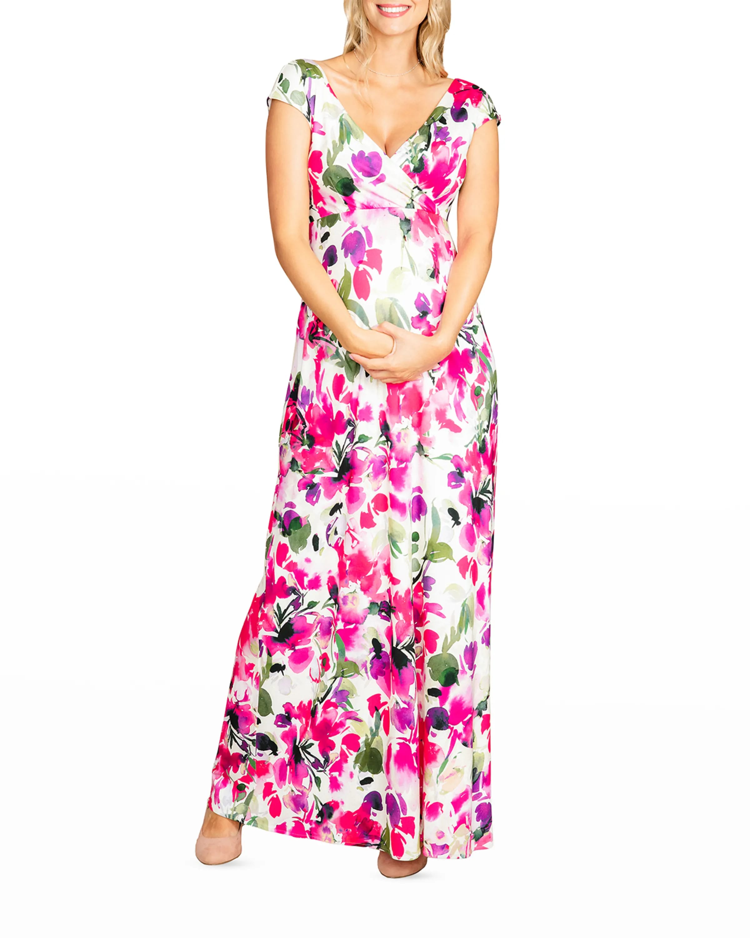 On-model image of a Tiffany Rose floral polyester/spandex dress