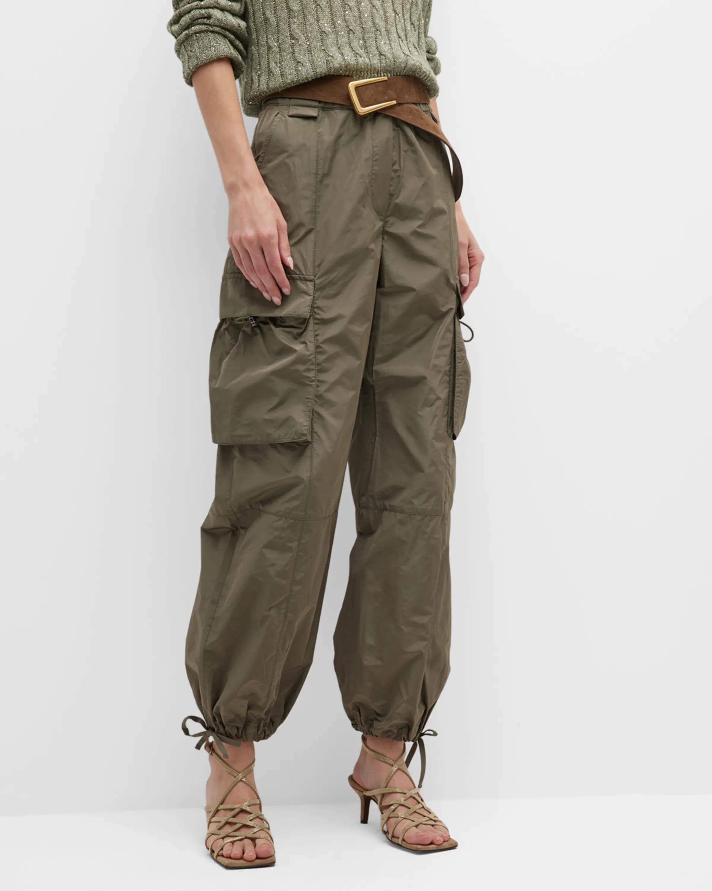 On-model image of Brunello Cucinelli military green polyester/cupro pants