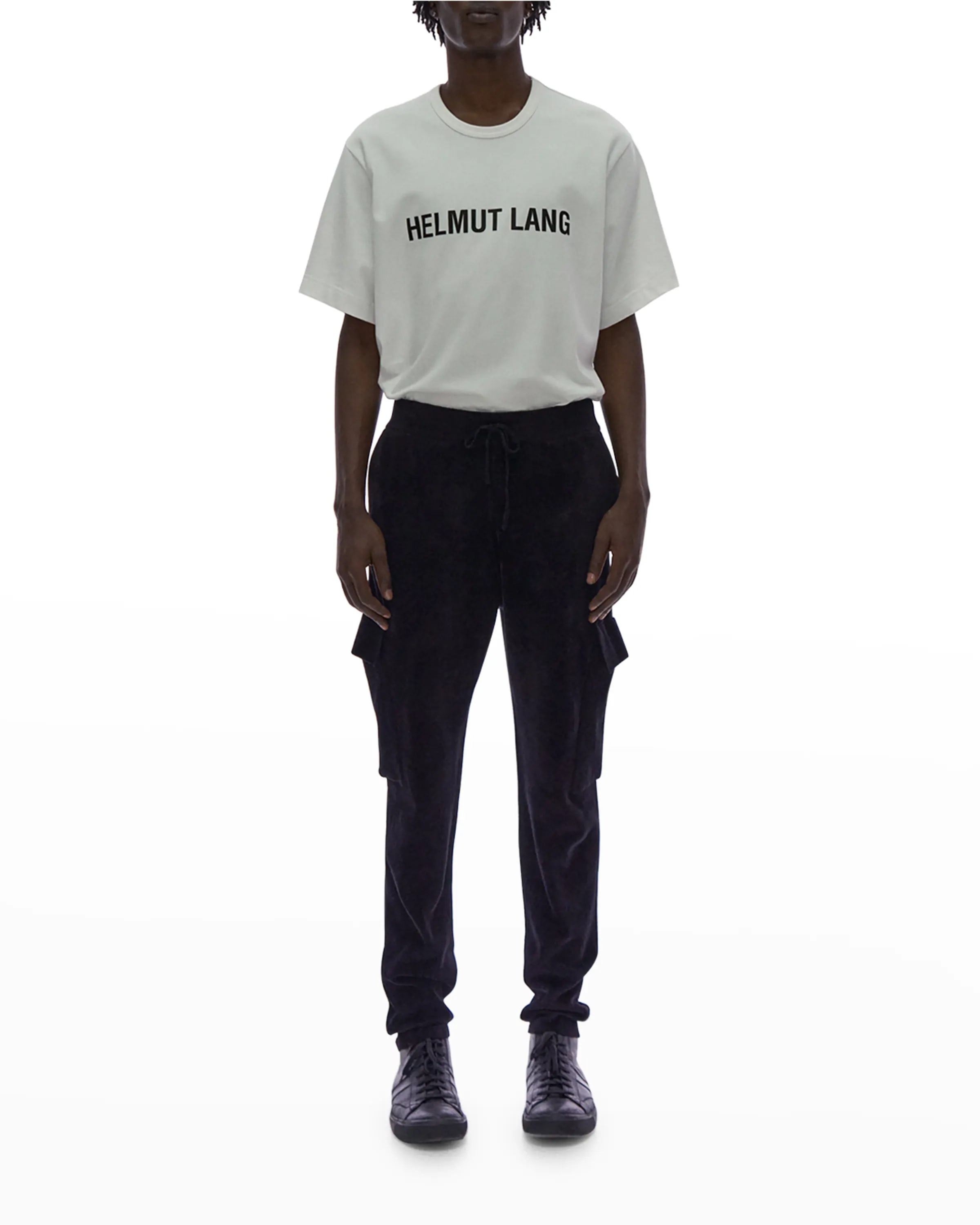 On-model image of Helmut Lang black viscose/nylon pants 