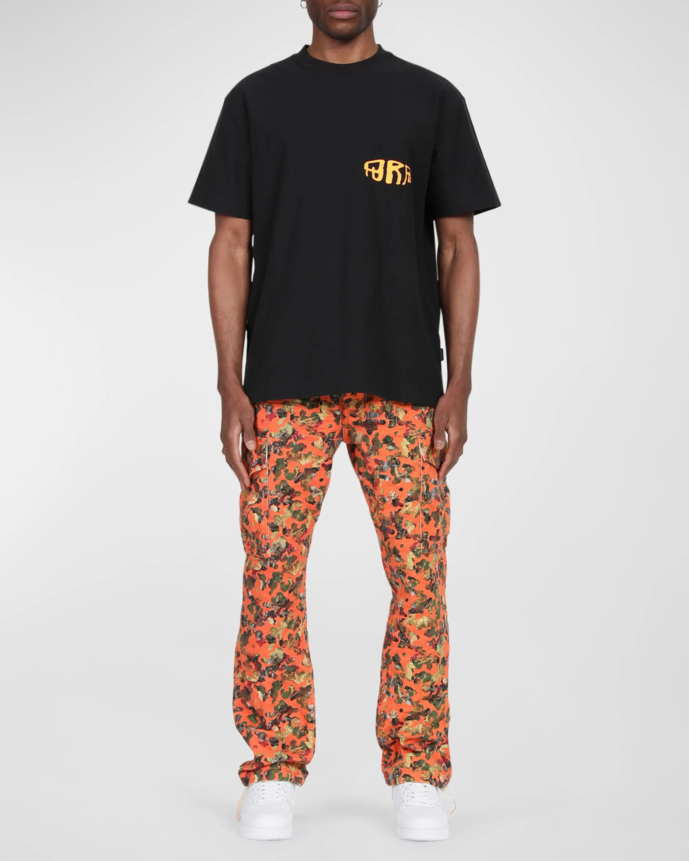 On-model image of Purple orange camo twill pants 