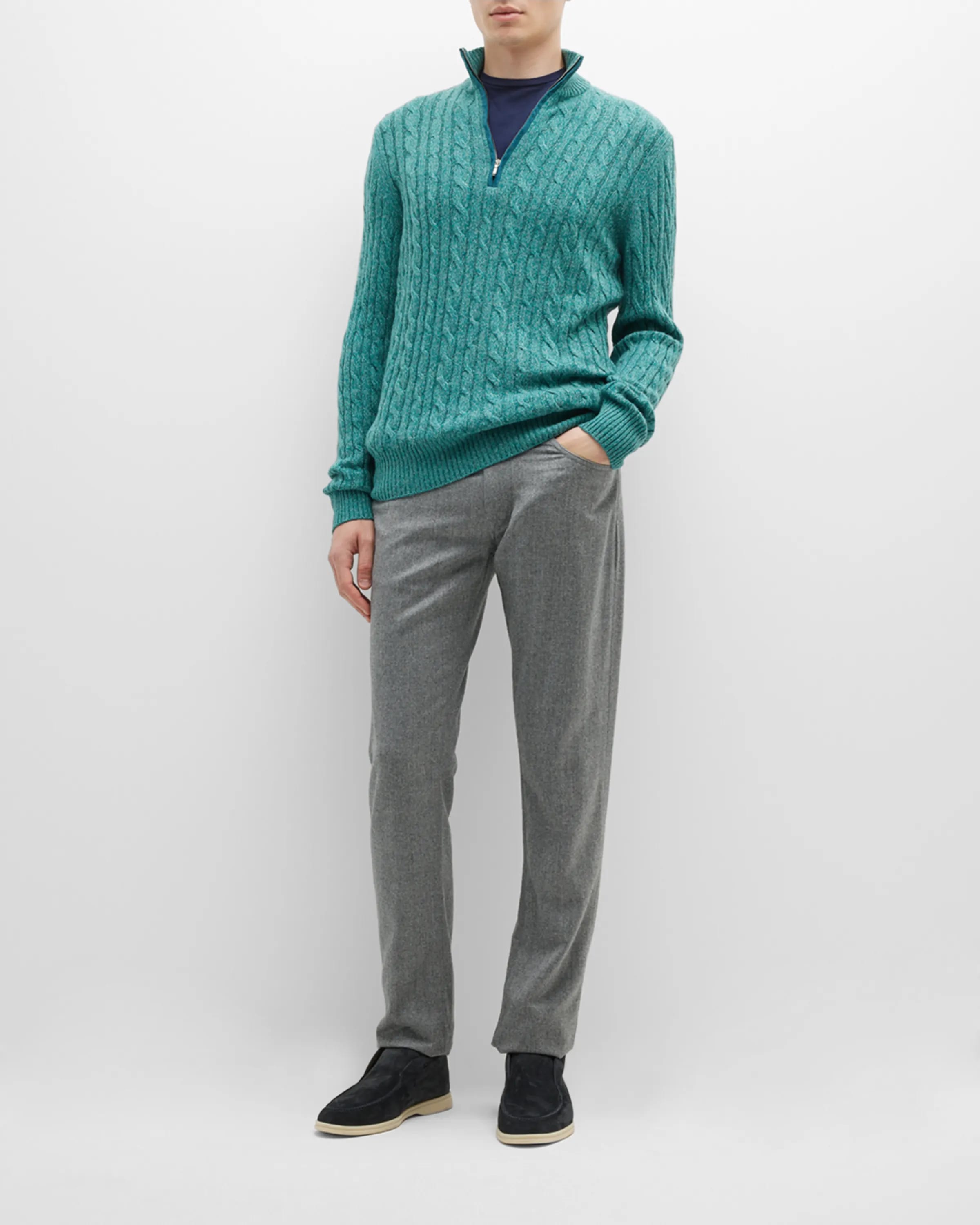 On-model image of a Lora Piana nougat cashmere knit sweater