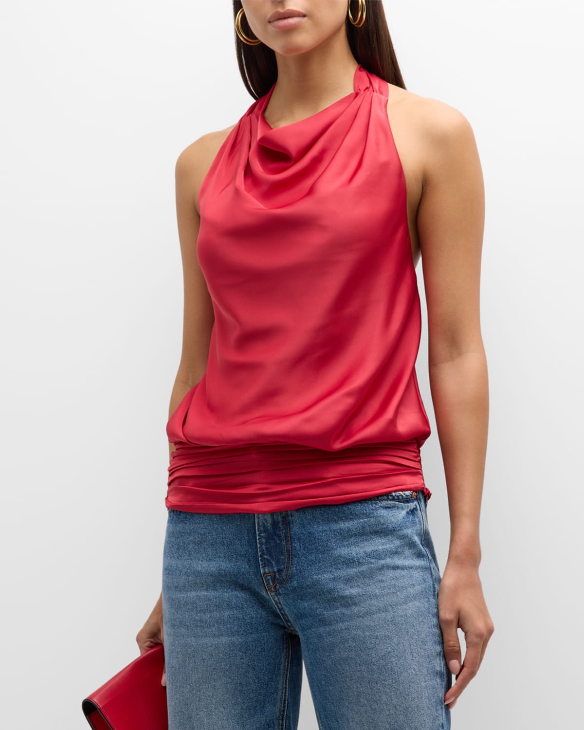 MILLY Gia Stretch Silk Cowl Neck Cami in Pink