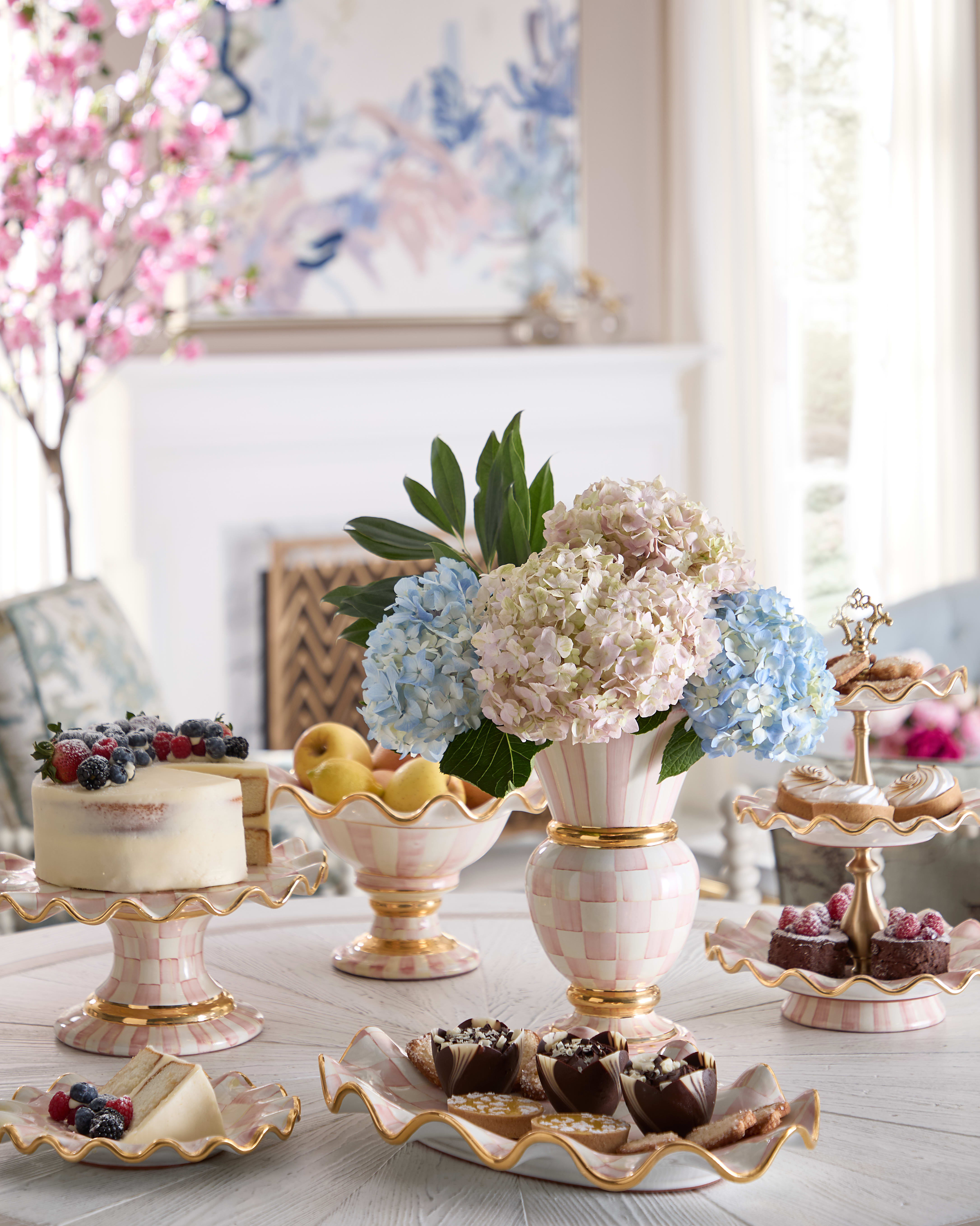 Rosy Check Ceramic Compote| Rosy Check Ceramic Fluted Cake Stand| Rosy Check Ceramic Fluted Dessert Plate| Rosy Check Ceramic Great Vase| Rosy Check Ceramic Serving Platter| Rosy Check Ceramic Three Tier Sweet Stand