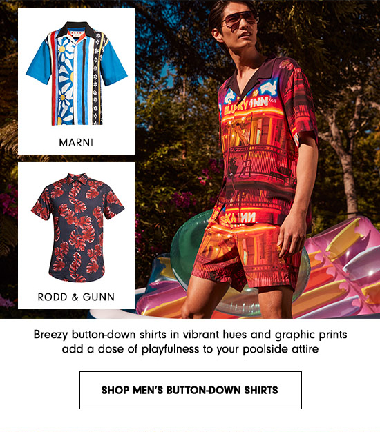 RODD GUNN Breezy button-down shirts in vibrant hues and graphic prints add a dose of playfulness to your poolside attire 