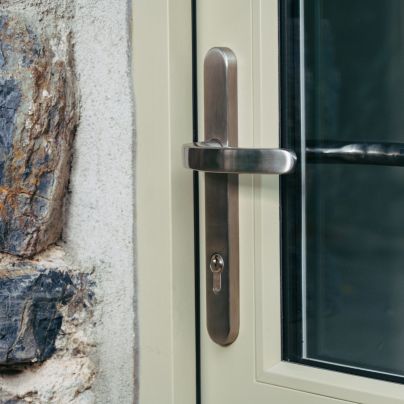 timber door security handle close up