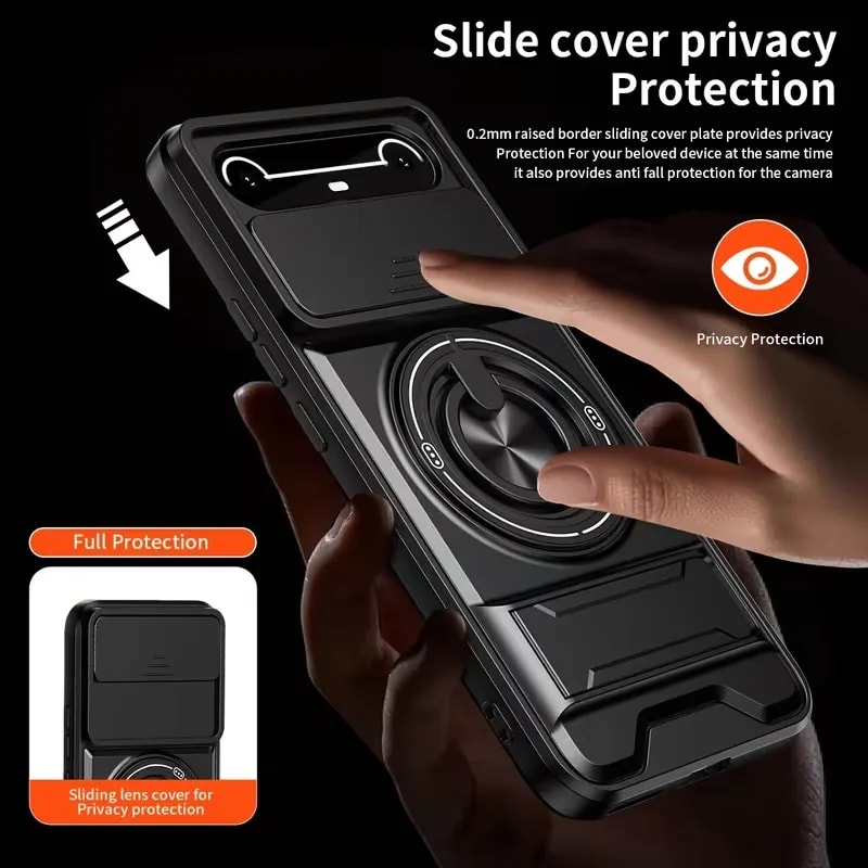 Phone Case: This Is a Full-lens Protection Rotating Stand Phone Case, Suitable for TECNO POVA Slim/TECNO SPARK Slim. The Case Features a Sliding Camera Cover and Full Camera Protection, Equipped with a 360° Rotating Circular Stan