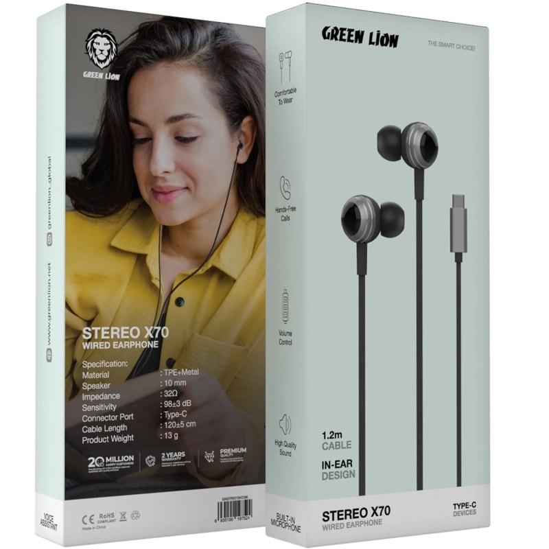 Green Lion Stereo X70 Wired Earphones with Type-C Connection and In-Ear Design - Black
