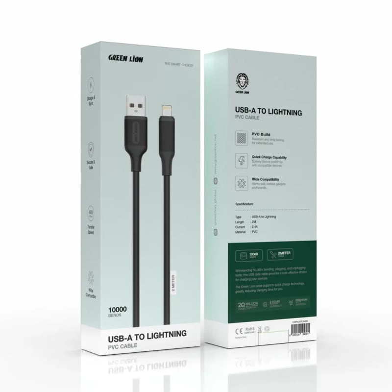 Green Lion USB-A to Lightning PVC Cable 2m - Fast Charge, Black