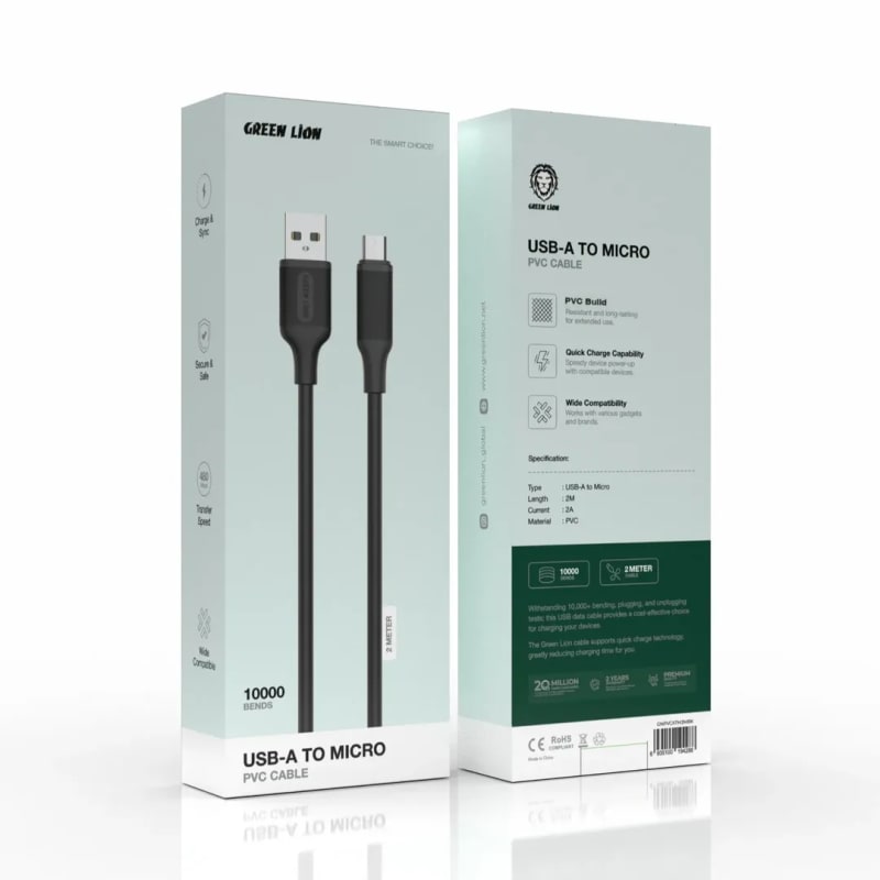 Green Lion USB-A to Lightning PVC Cable 3M, 480Mbps Transfer Speed, 2.4A Current, Charge & Sync Functionality, 10000 Bends Lifespan, Secure & Safe, Wide Compatibility for Devices