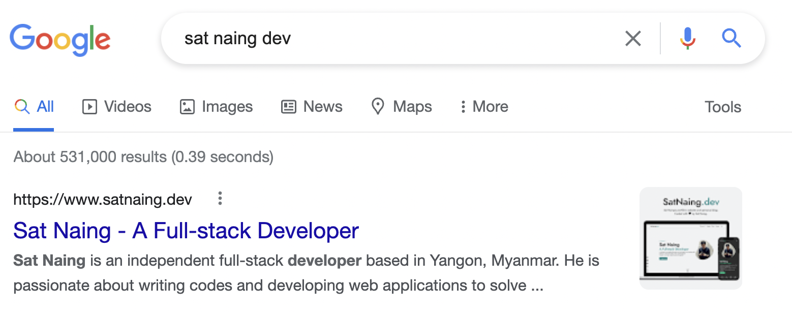 searching satnaing.dev on google