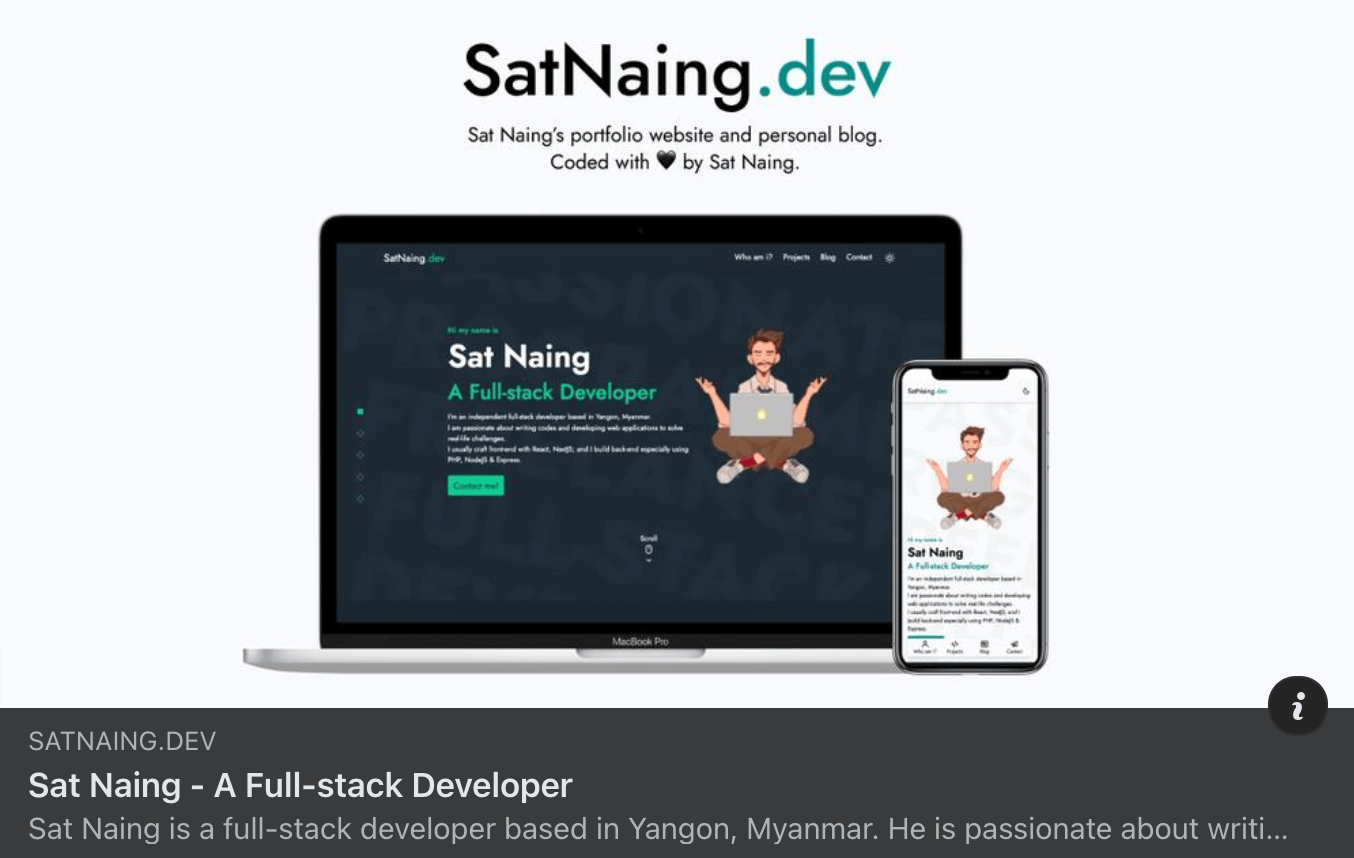 satnaing.dev card layout when shared to Facebook