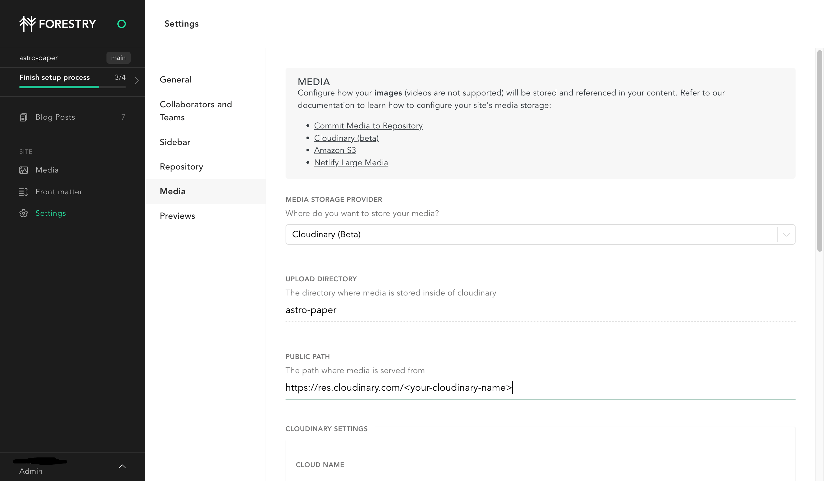 Setting up 'Cloudinary' as the media import