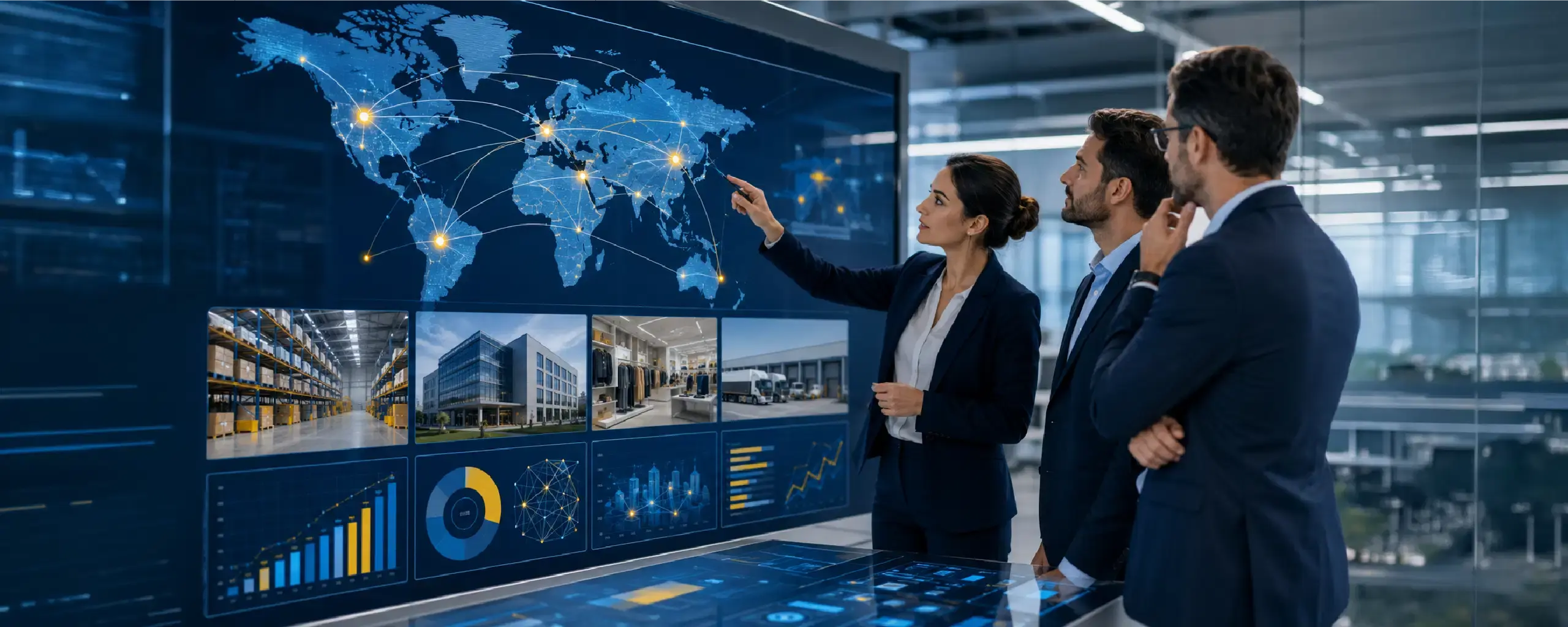 Business team reviewing global company locations, warehouses, and operational data through Moqui ERP