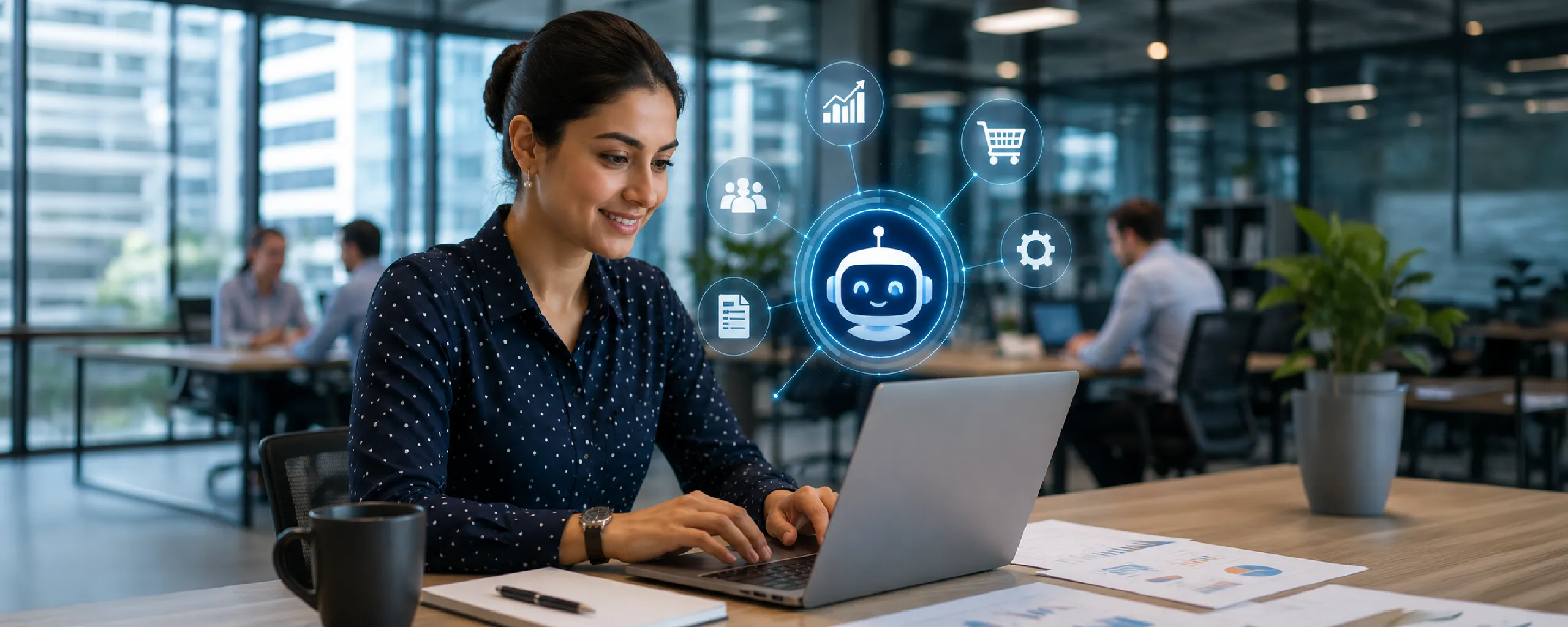 AI chatbot for ERP helping a business user access reports, inventory, sales, and workflow data