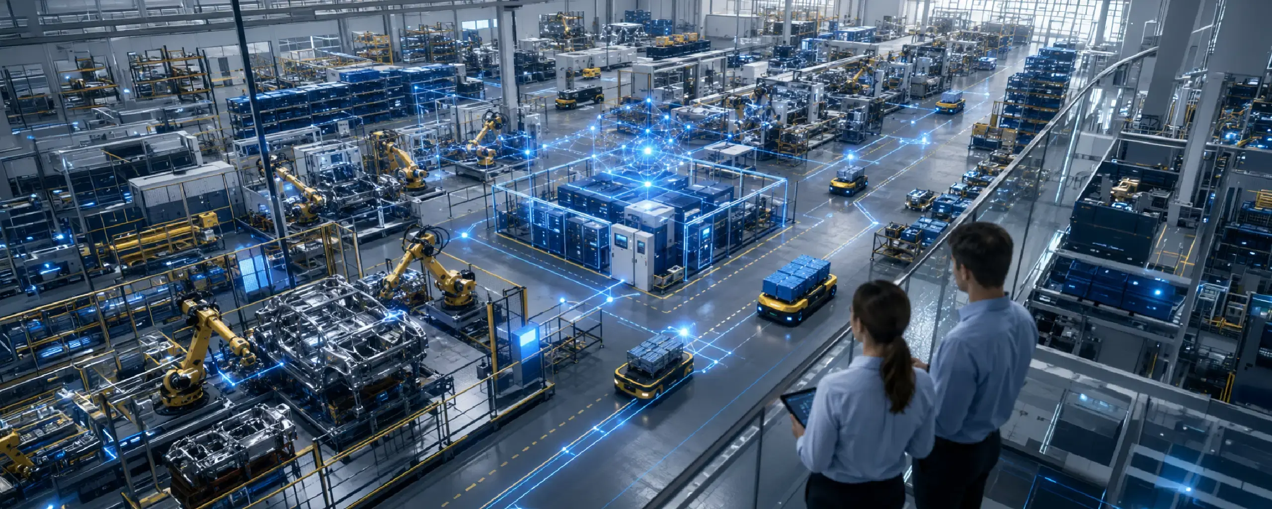 AI-powered manufacturing ERP connecting factory machines, robots, inventory, and production workflows