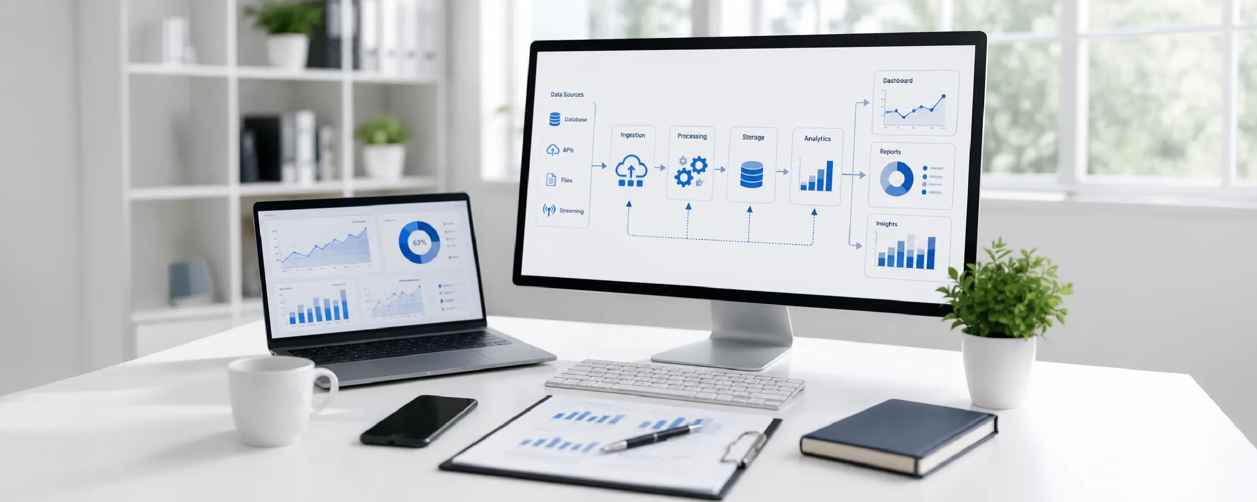 Data engineering pipeline diagram showing data ingestion, processing, storage, analytics, dashboards, reports, and insights